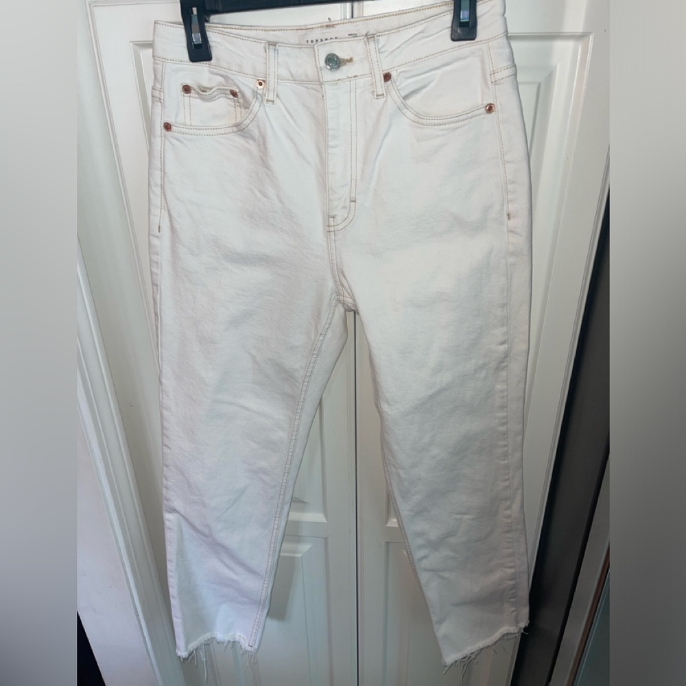Topshop Womens‎ White Jeans Straight Cropped Raw Hem Stretch Sz 6